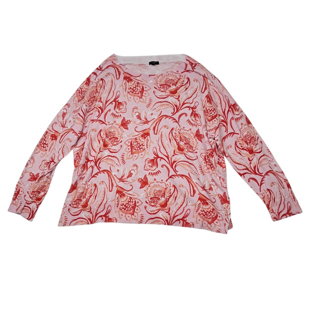 Talbots Crewneck Sweater Womens Plus 3X Pink Floral‎ Jacobean Fantasia Cotton
